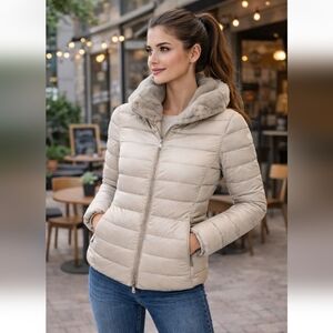 SAVE THE DUCK Mei Faux Fur Collar Puffer Jacket Rainy, Beige/Champagne Sz 3/L